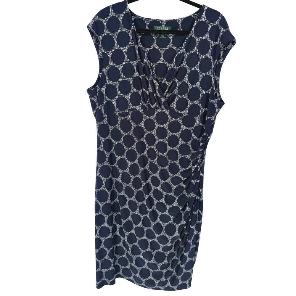 Lauren Ralph Lauren Womens Polka Dot Ruched Sheath Dress Navy Size 18 Old Money
